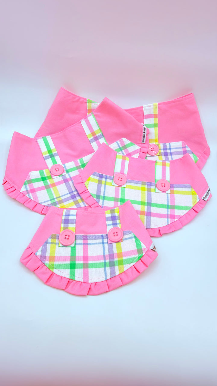 Pink Plaid Ruffle Dog Bandana Collar | Stylish Pet Neckwear for Dogs & Cats