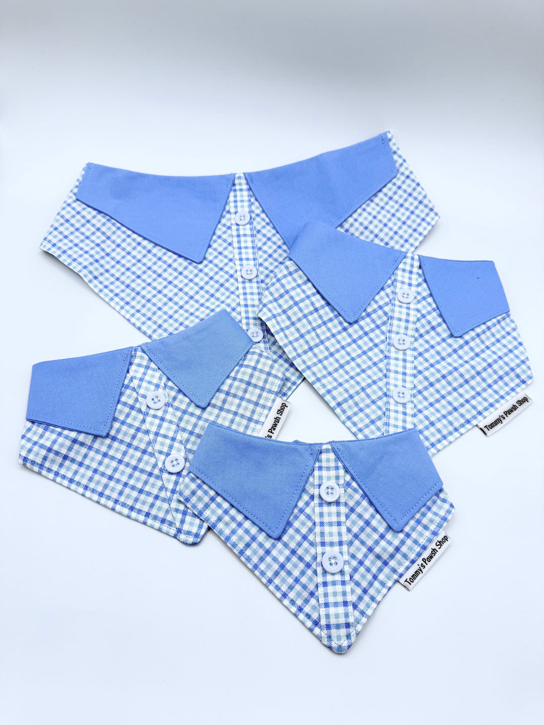 Blue Gingham Dog Collar Bandana Set – Handmade Adjustable Pet Collar with Button Detail