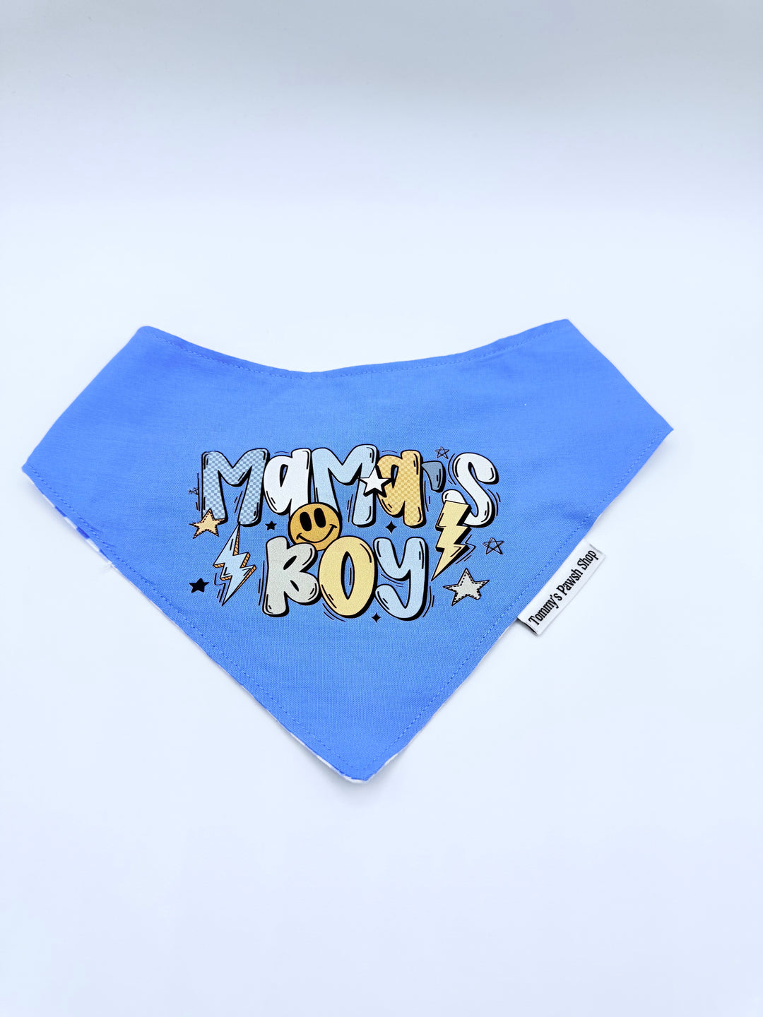 Mama’s Boy Dog Bandana – Blue Gingham Snap-On Pet Scarf | Stylish Adjustable Collar Accessory