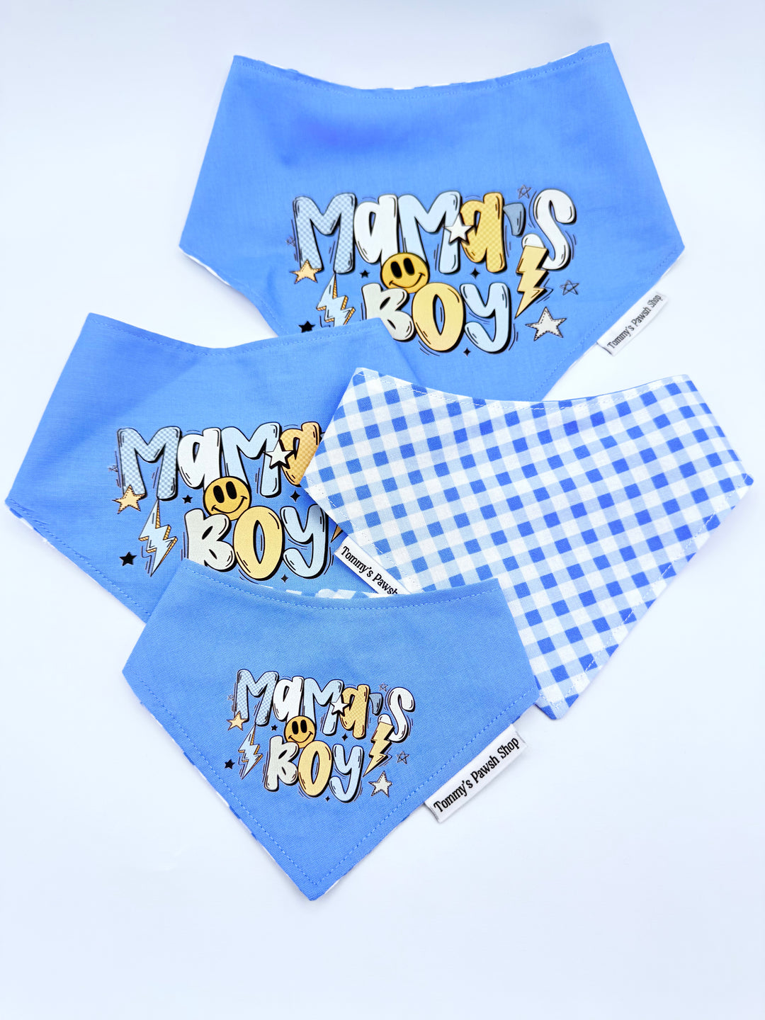 Mama’s Boy Dog Bandana – Blue Gingham Snap-On Pet Scarf | Stylish Adjustable Collar Accessory