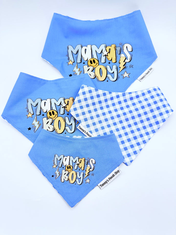 Mama’s Boy Dog Bandana – Blue Gingham Snap-On Pet Scarf | Stylish Adjustable Collar Accessory