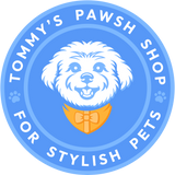 Logo of Tommy's Pawsh Shop for Stylish Pets with a dog wearing a bow tie on a blue background.