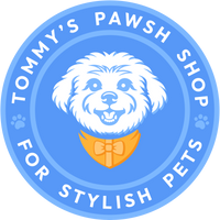 Logo of Tommy's Pawsh Shop for Stylish Pets with a dog wearing a bow tie on a blue background.